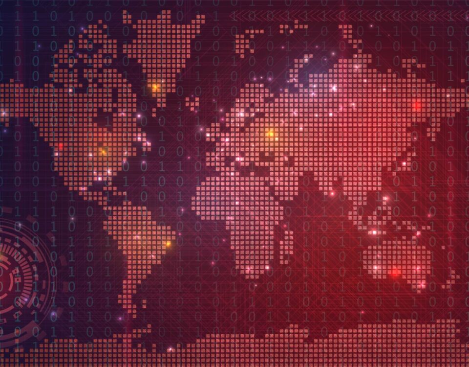 Digitale Weltkarte mit Cyberangriffen als Symbol für Cybersecurity in Hessen